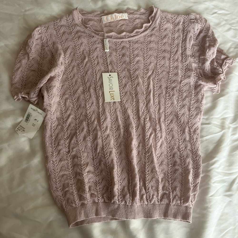 Chloé Pale Pink Openwork Knit Short Sleeve Top